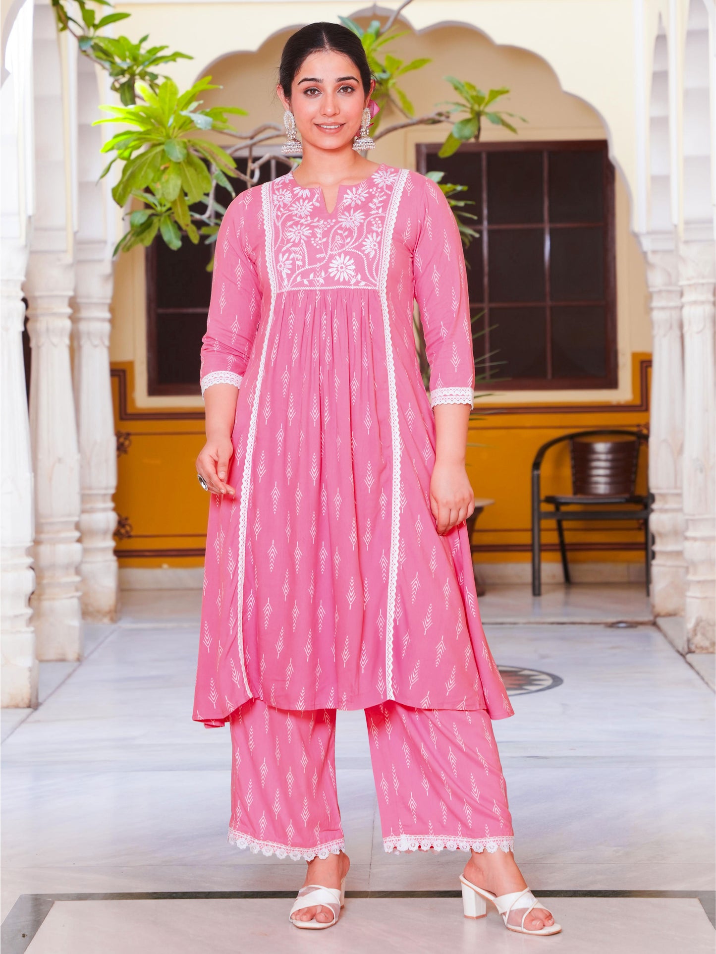 Viscose Geometric Panelled Pink Kurta