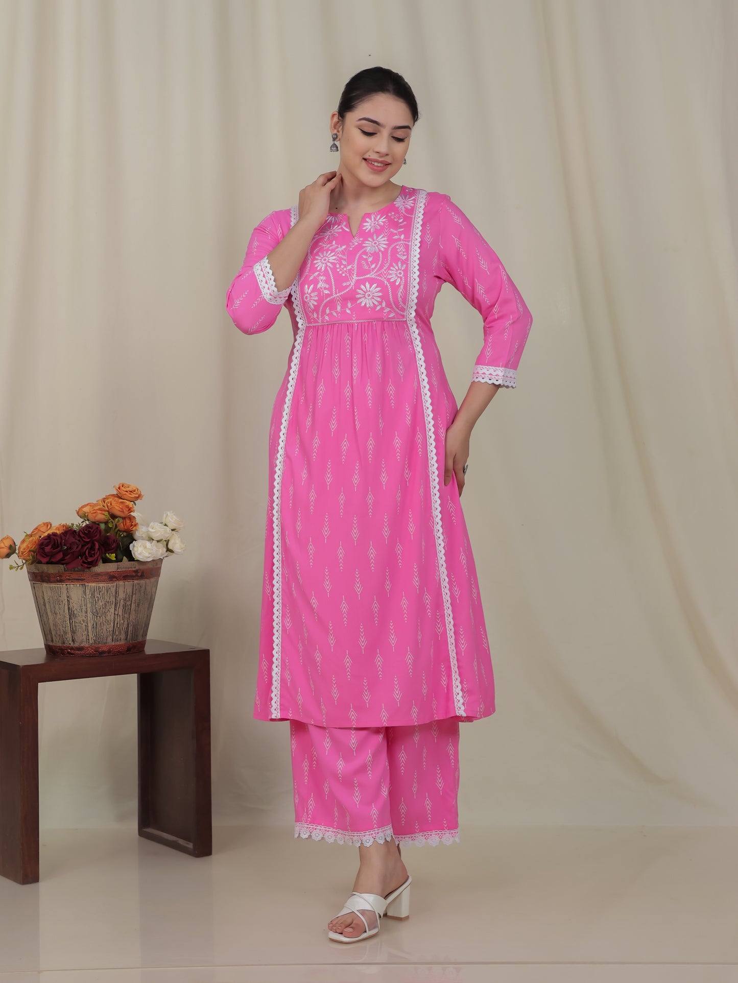 Viscose Geometric Panelled Pink Kurta