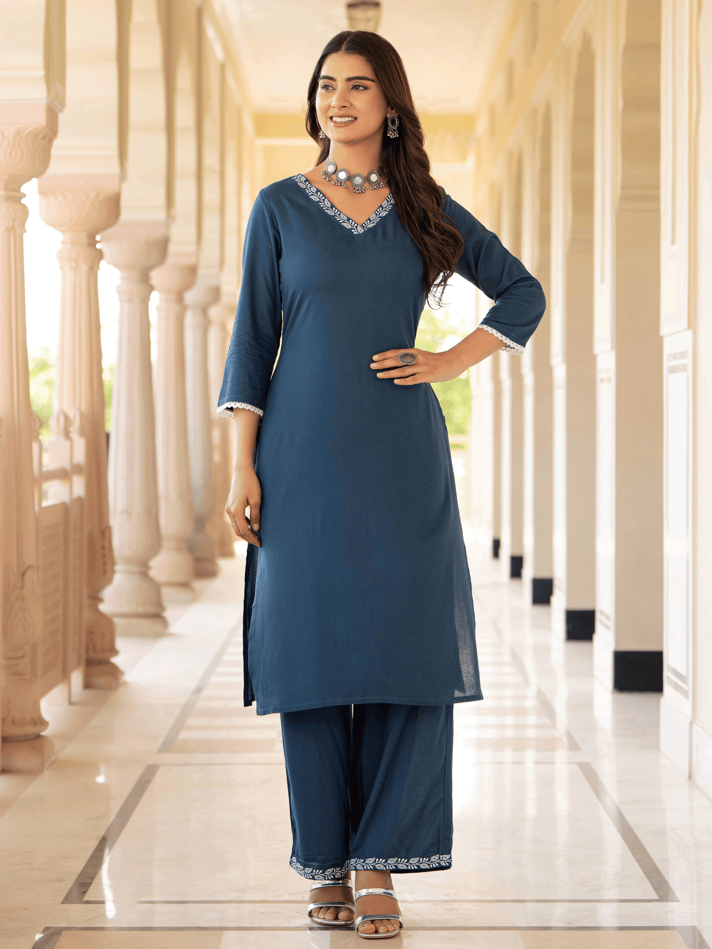 Viscose Solid Straight Blue Kurta