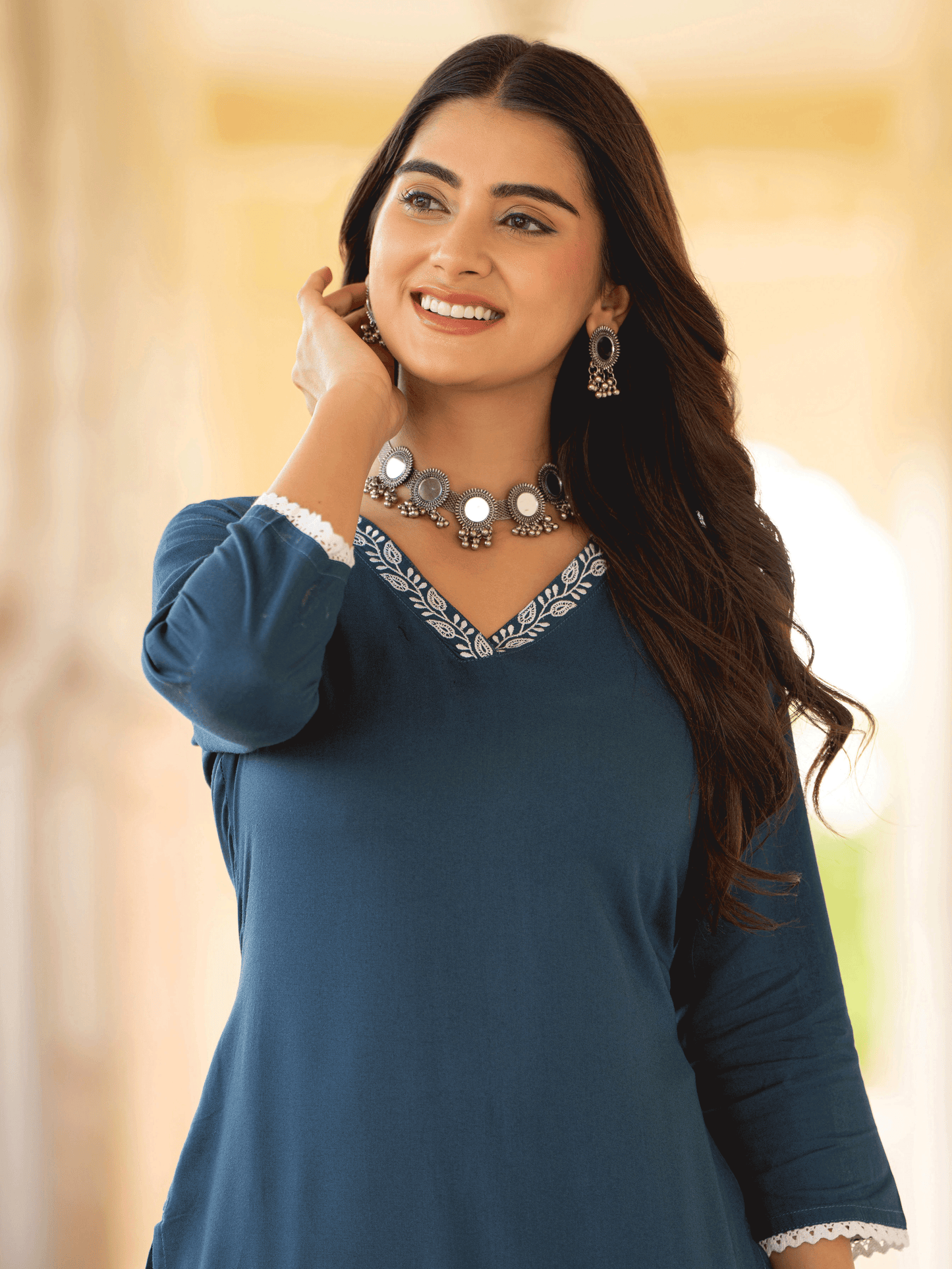Viscose Solid Straight Blue Kurta