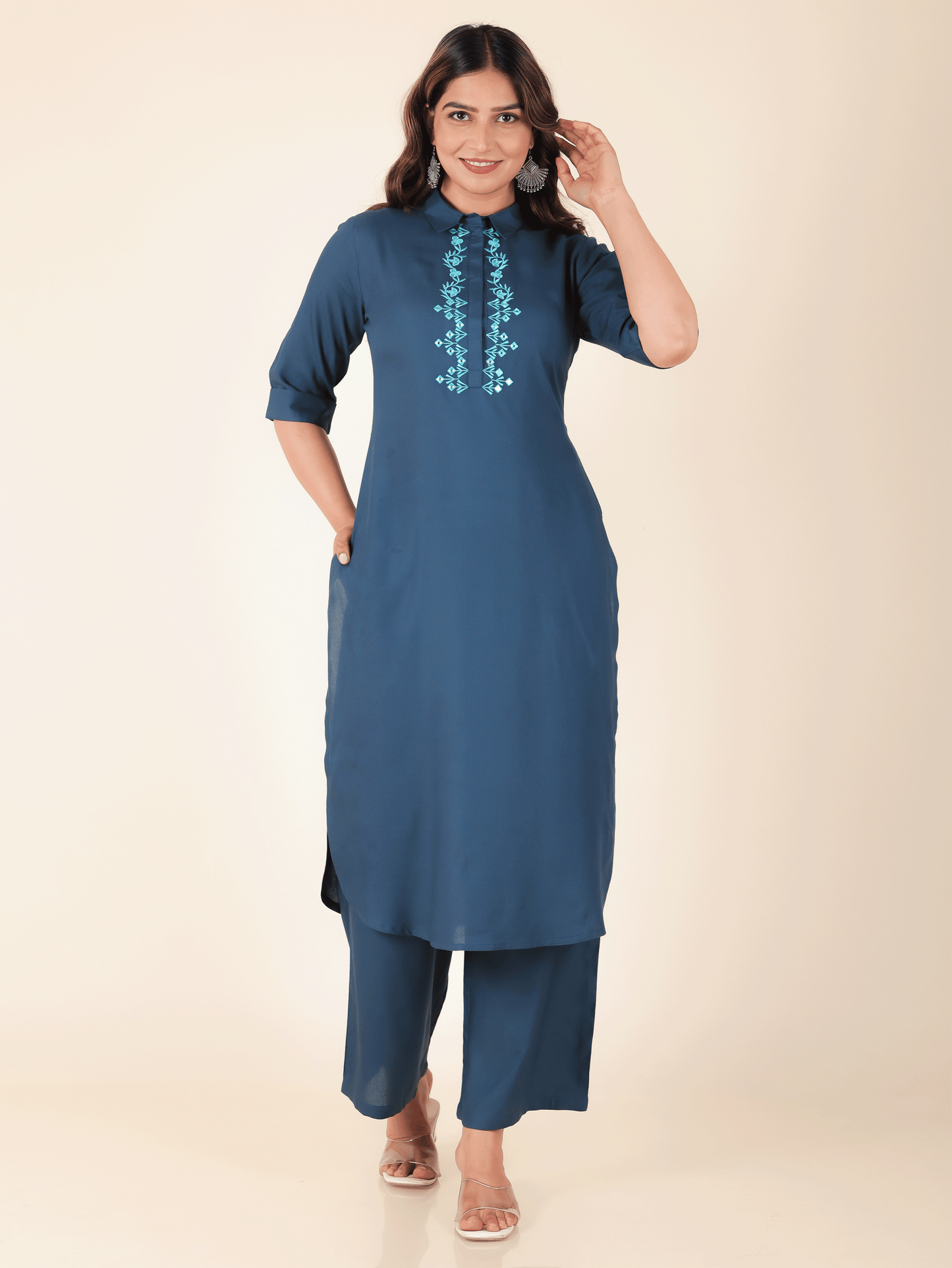 Viscose Solid Pathani Blue Kurta