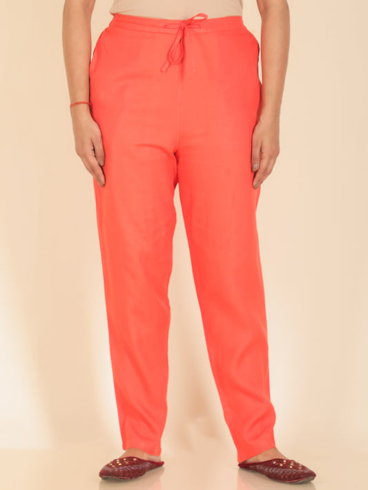 Viscose Solid Orange Tapered Trousers