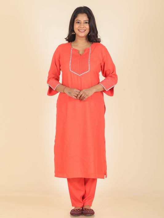 Viscose Solid Straight Orange Kurta