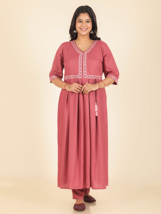 Viscose Solid A-line Pink Kurta
