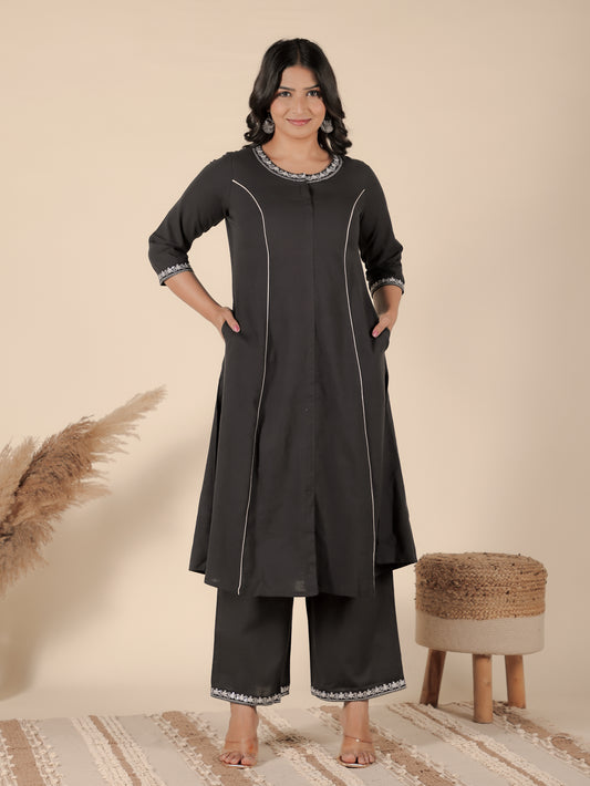 Linen Cotton Solid A-line Black Kurta