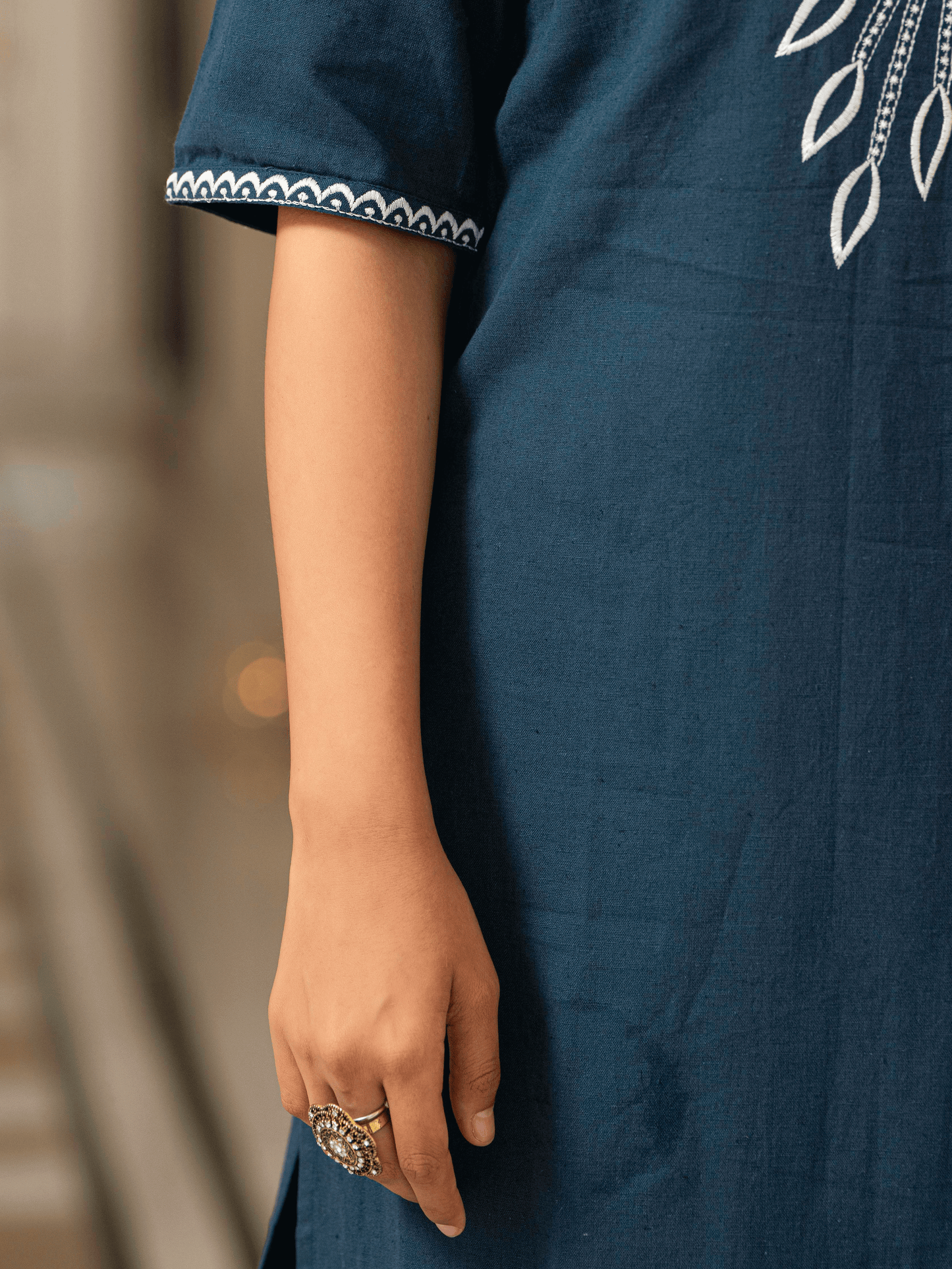 Embroidered Linen Cotton Solid Straight Blue Kurta