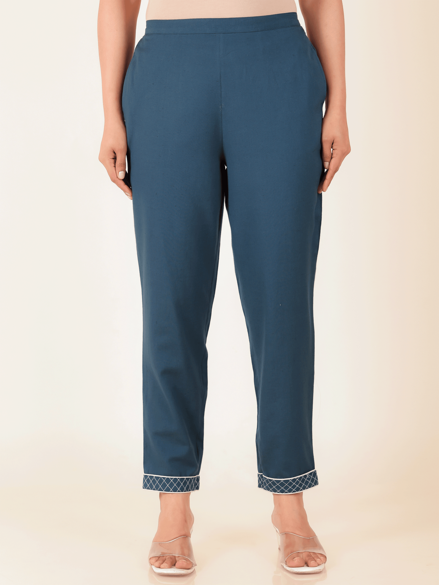 Linen Cotton Solid Blue Tapered Trousers