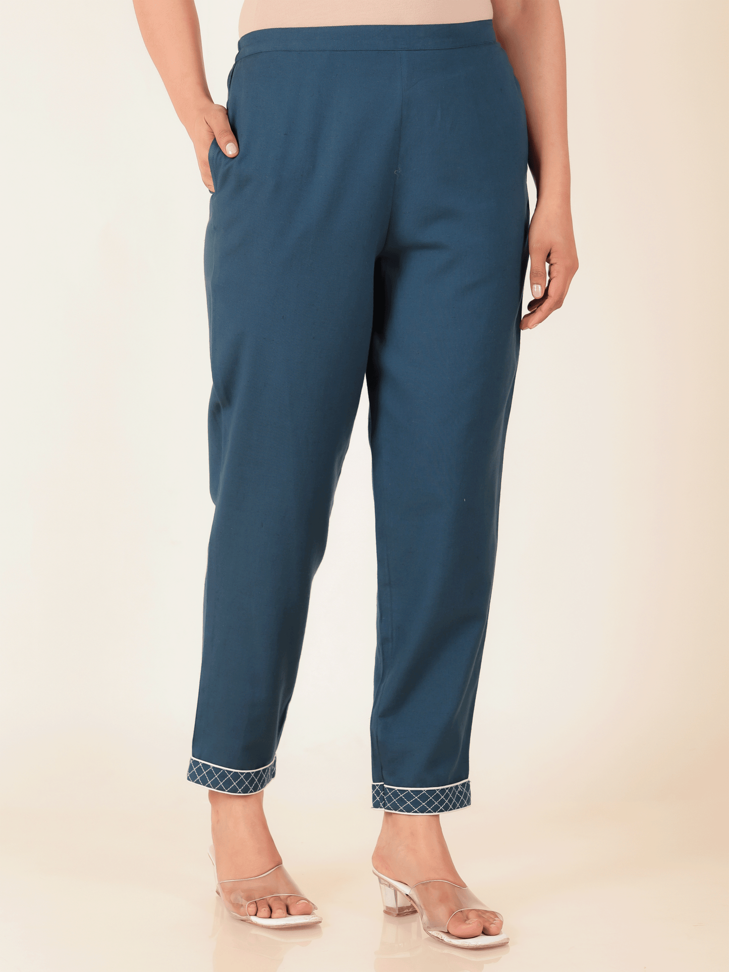 Linen Cotton Solid Blue Tapered Trousers