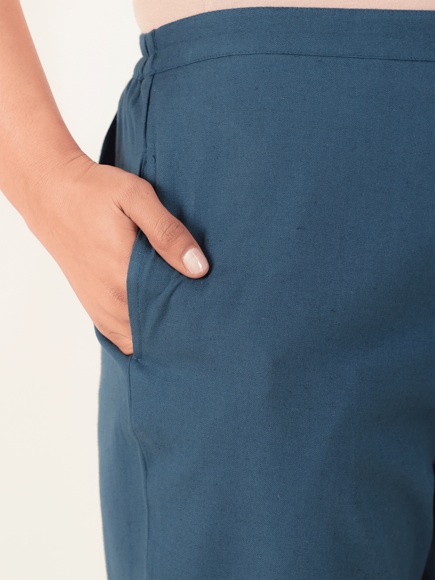 Linen Cotton Solid Blue Tapered Trousers