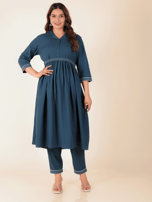 Linen Cotton Solid A-line Blue Kurta