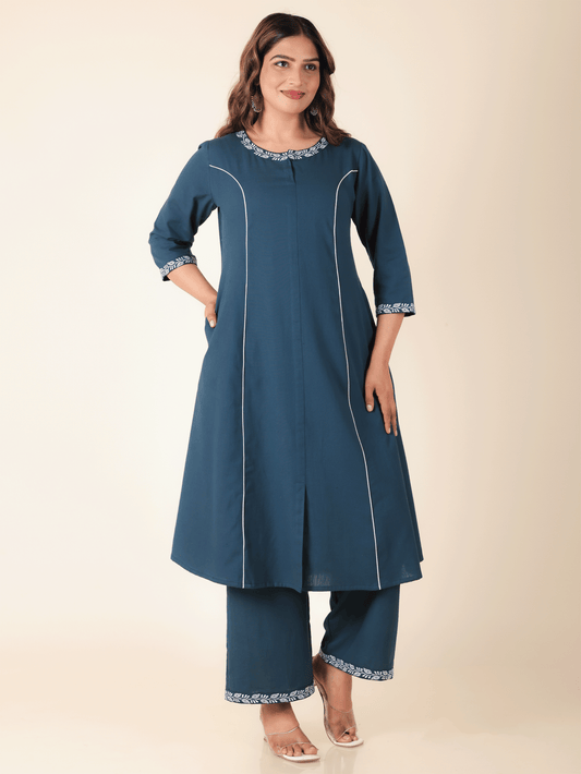 Linen Cotton Solid A-line Blue Kurta
