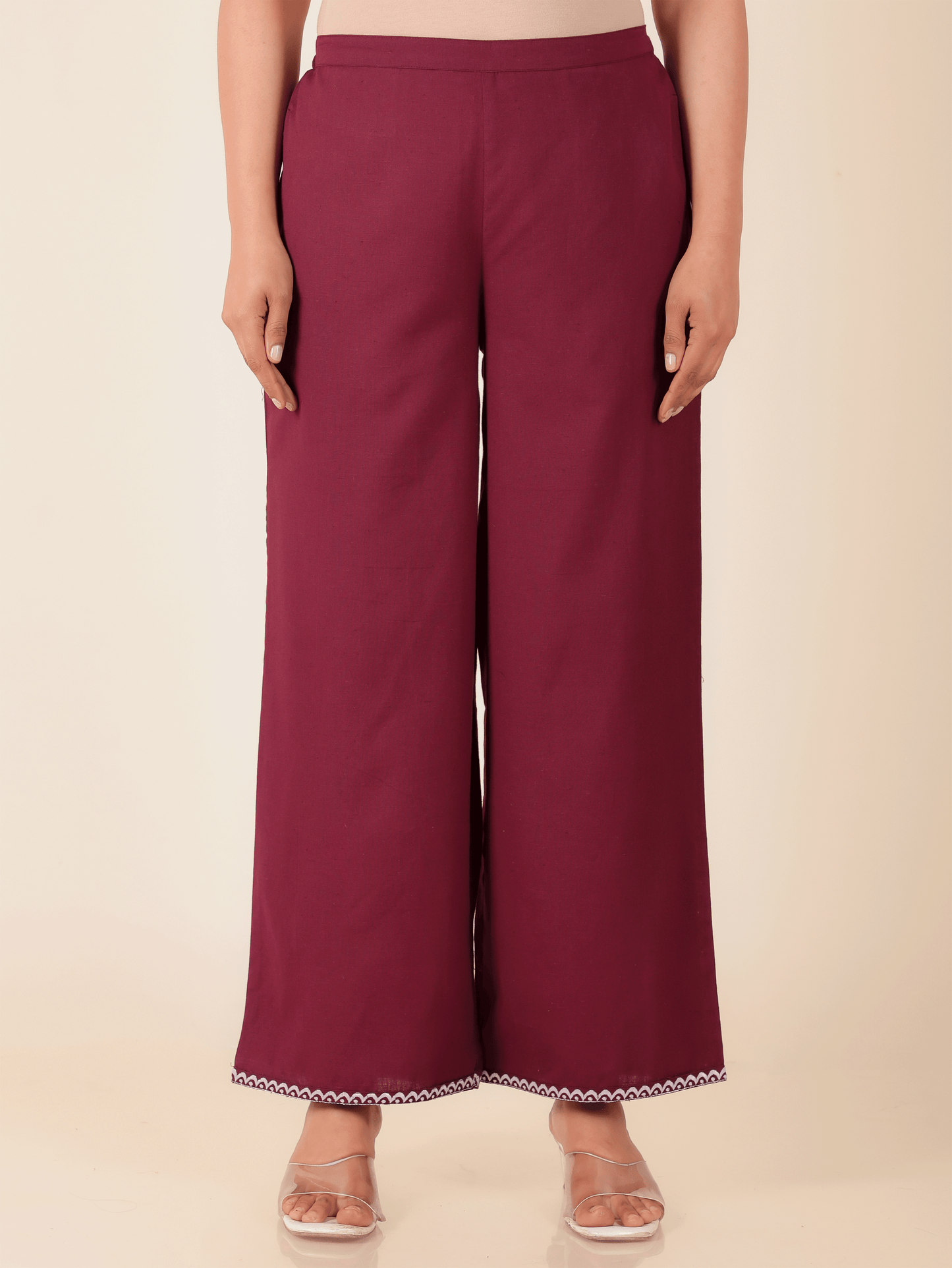 Embroidered Linen Cotton Solid Purple Flared Trousers