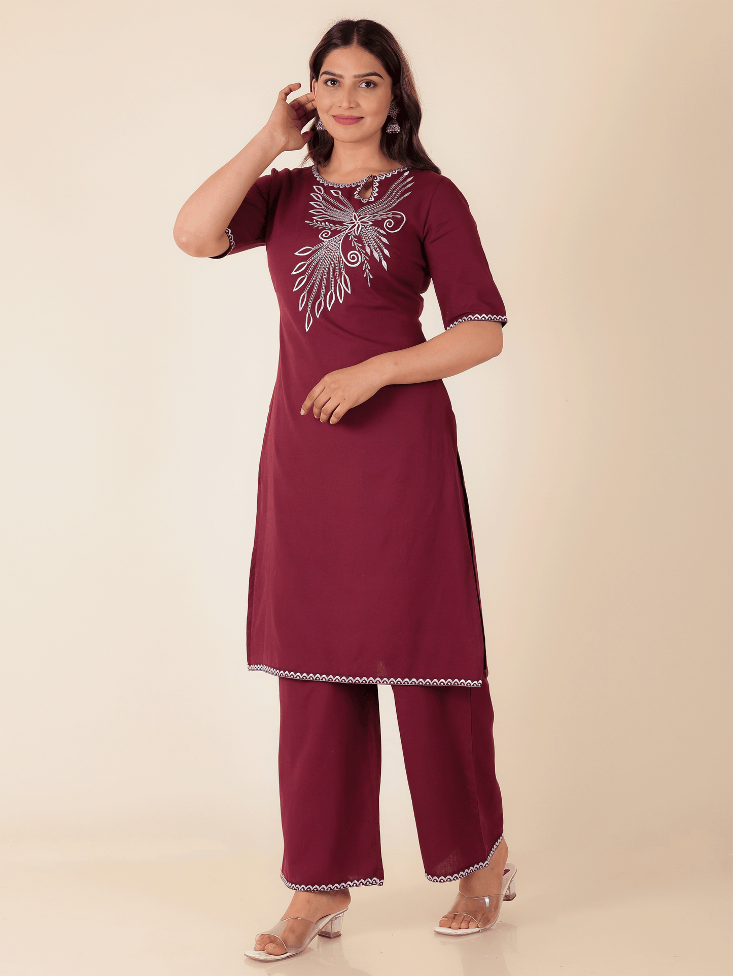 Linen Cotton Solid Straight Maroon Kurta