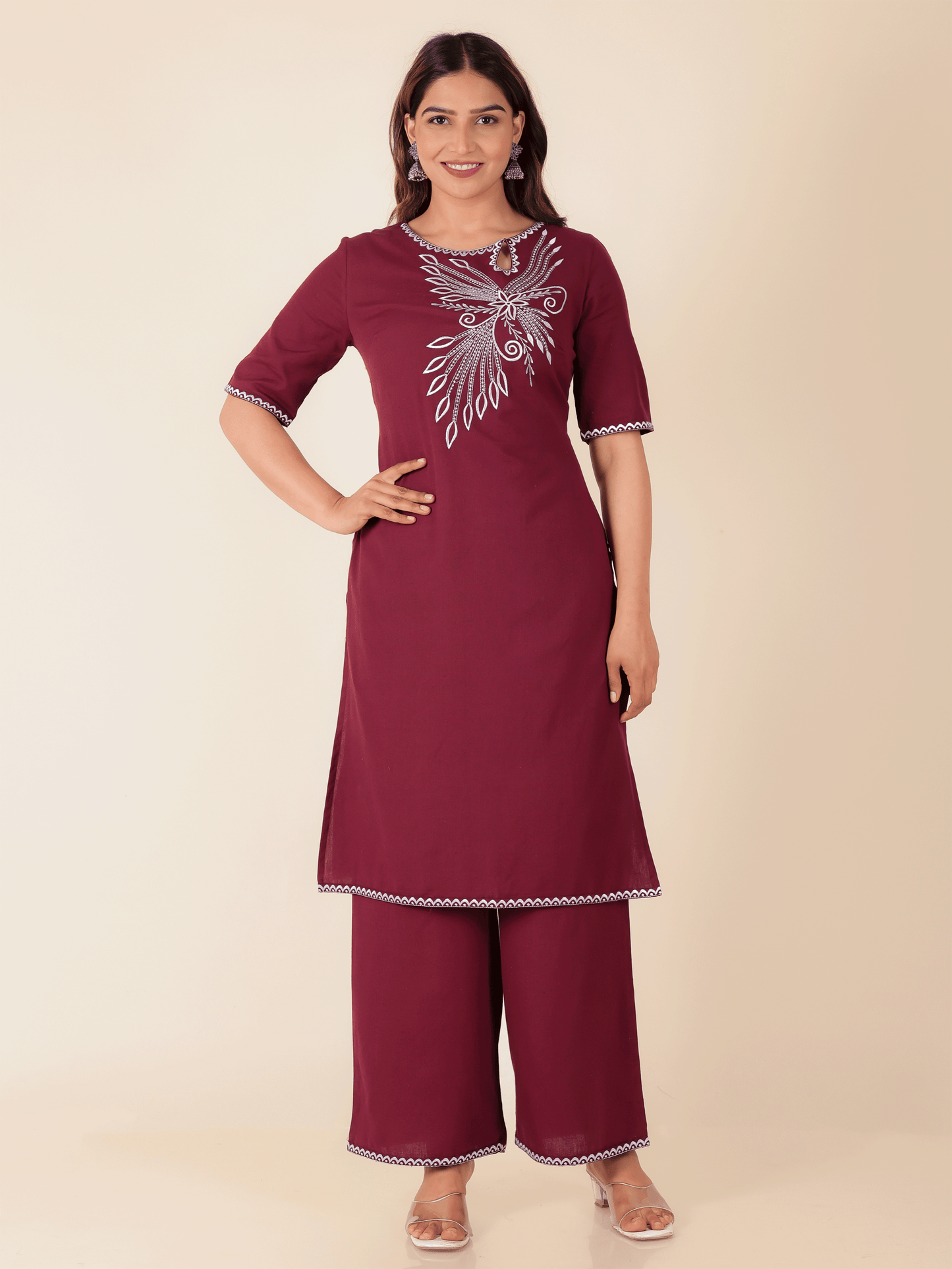 Embroidered Linen Cotton Solid Straight Maroon Kurta