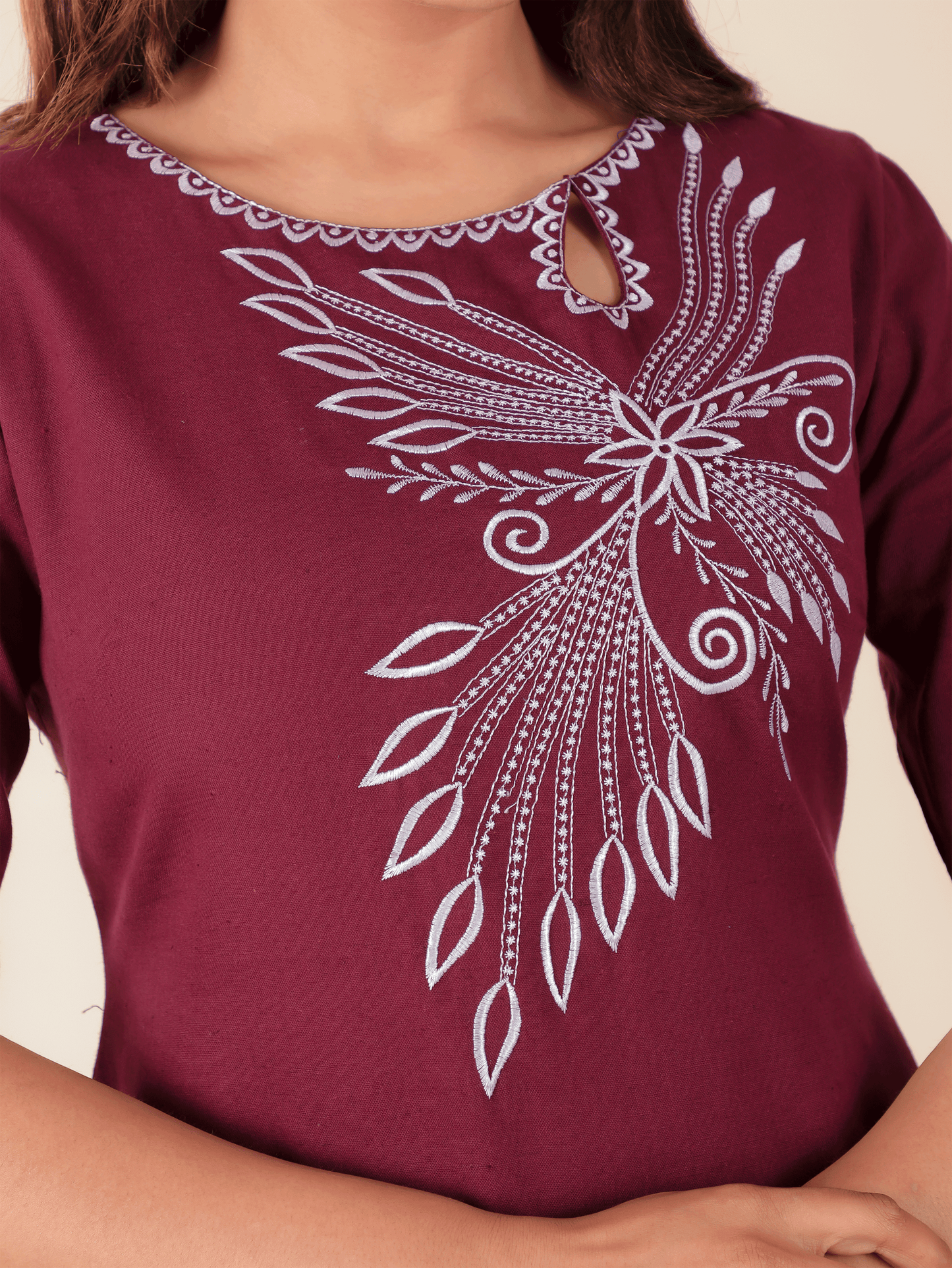 Linen Cotton Solid Straight Maroon Kurta