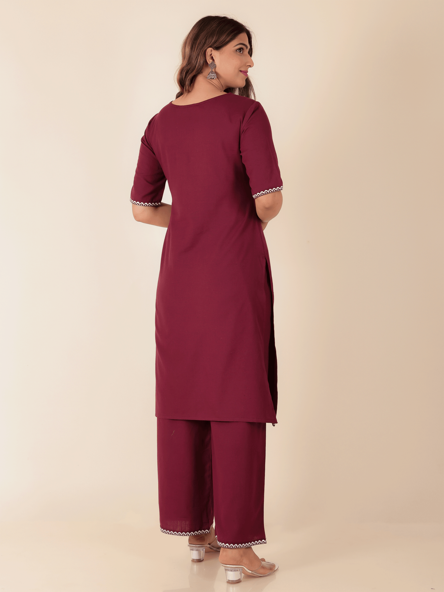 Linen Cotton Solid Straight Maroon Kurta