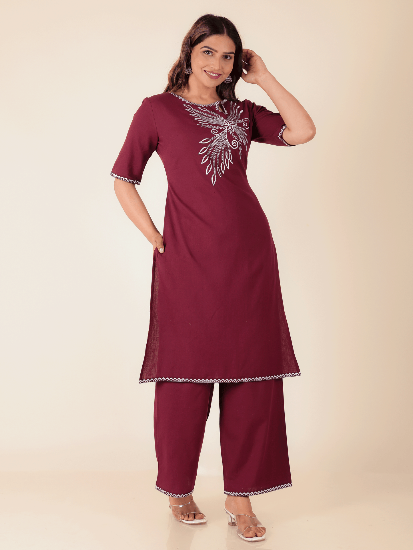 Linen Cotton Solid Straight Maroon Kurta