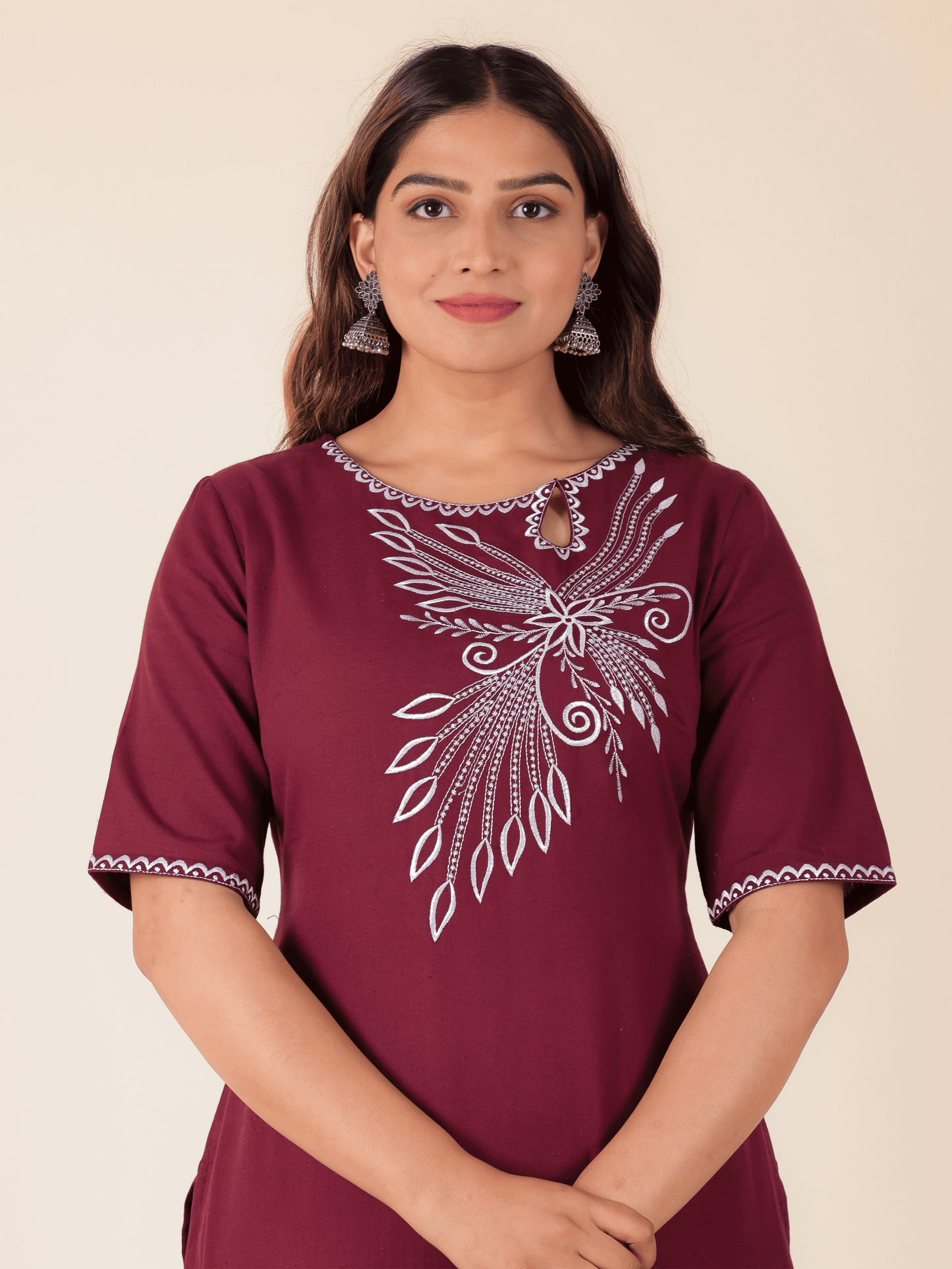 Linen Cotton Solid Straight Maroon Kurta