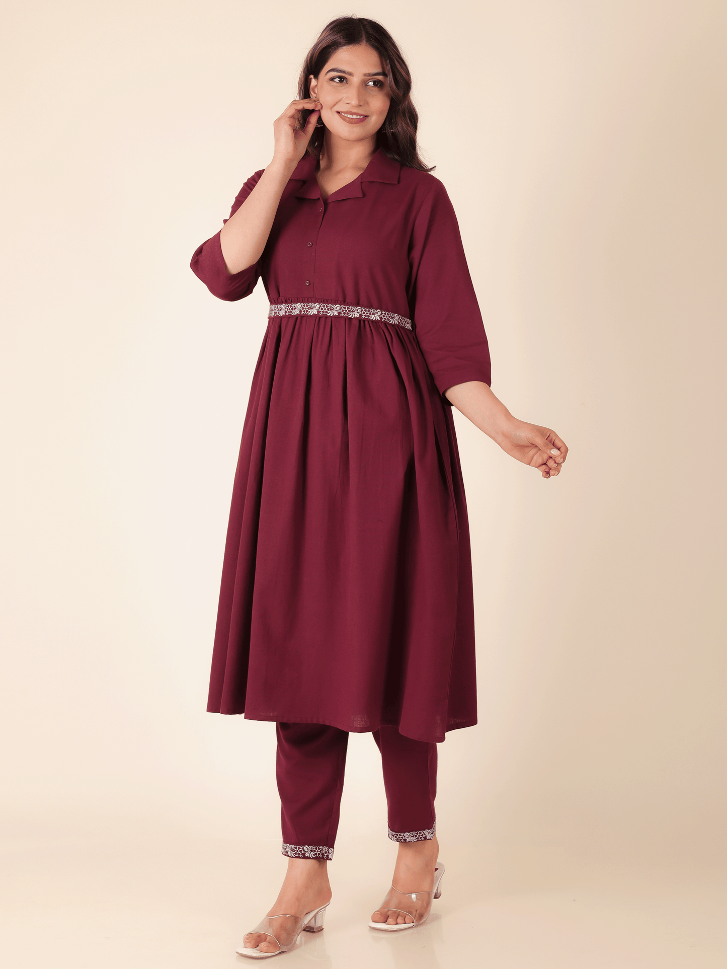 Linen Cotton Solid A-line Maroon Kurta