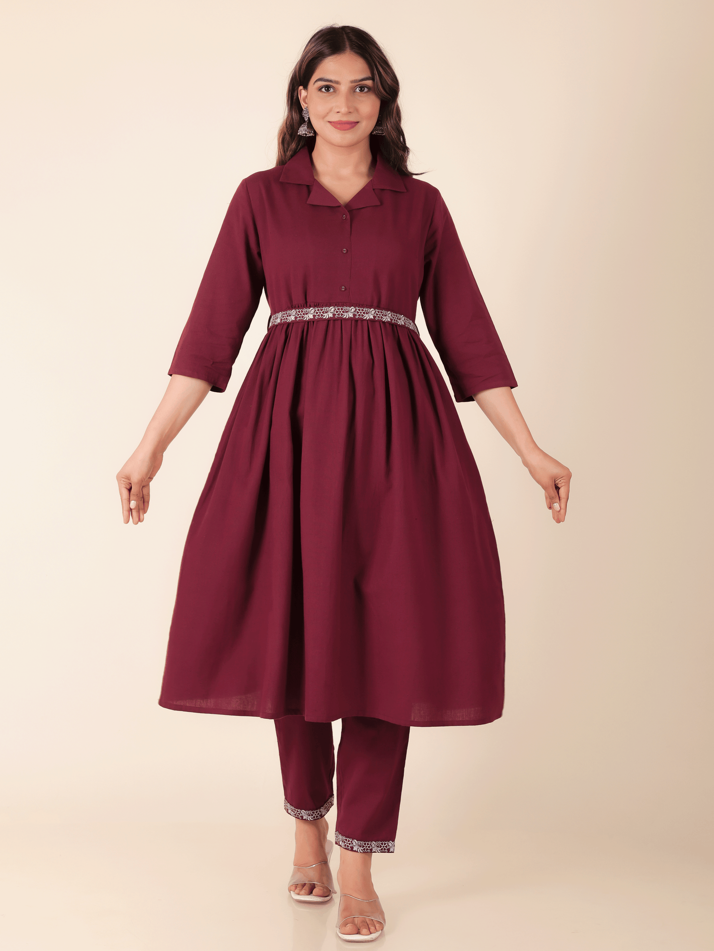 Linen Cotton Solid A-line Maroon Kurta