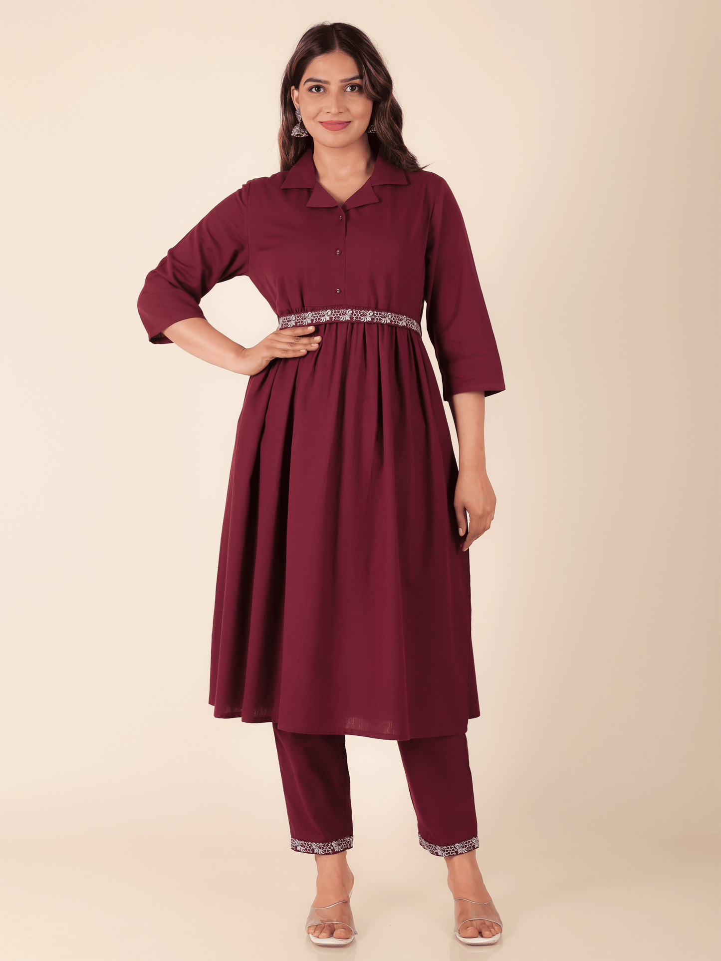 Linen Cotton Solid A-line Maroon Kurta
