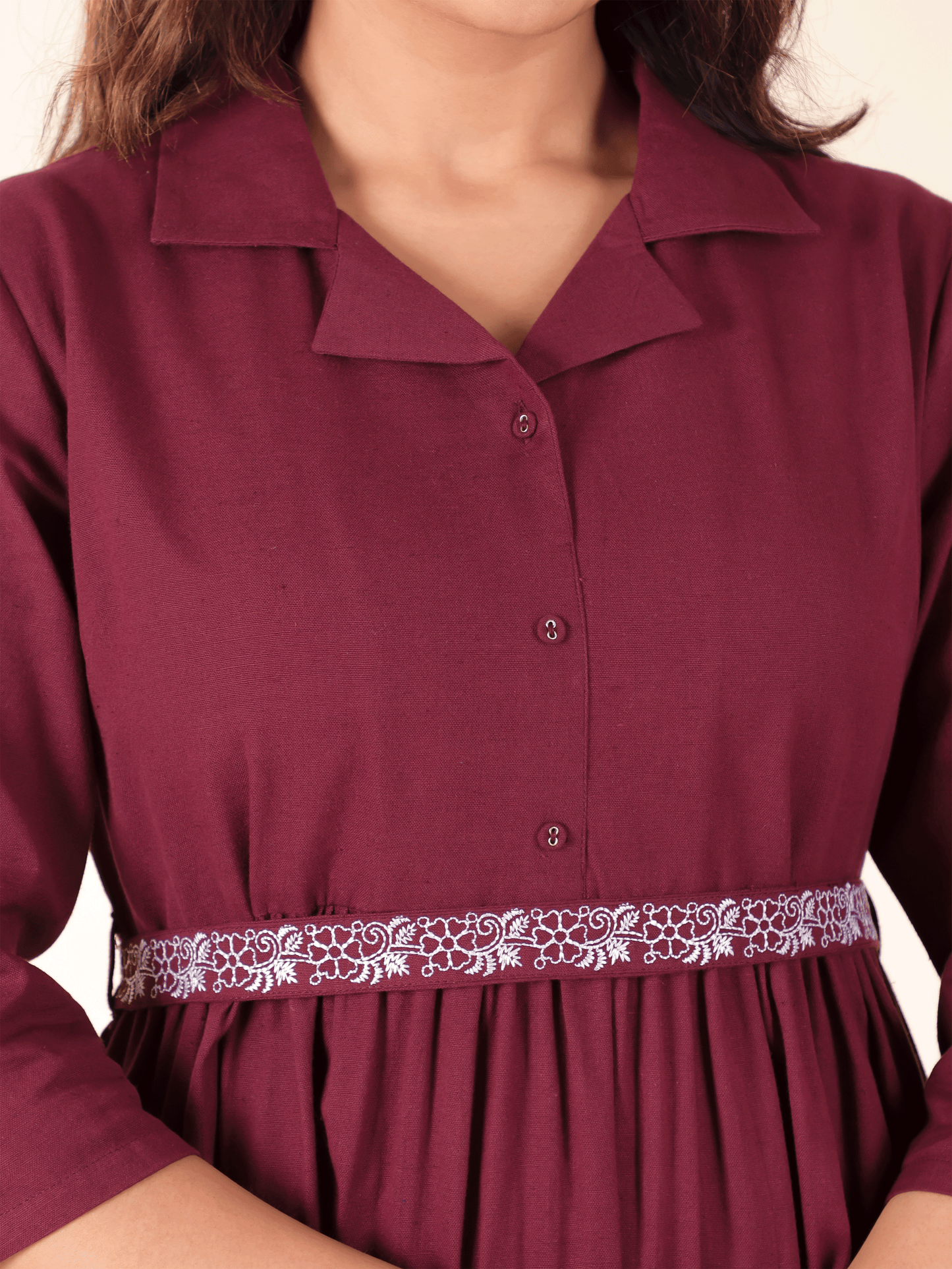 Linen Cotton Solid A-line Maroon Kurta
