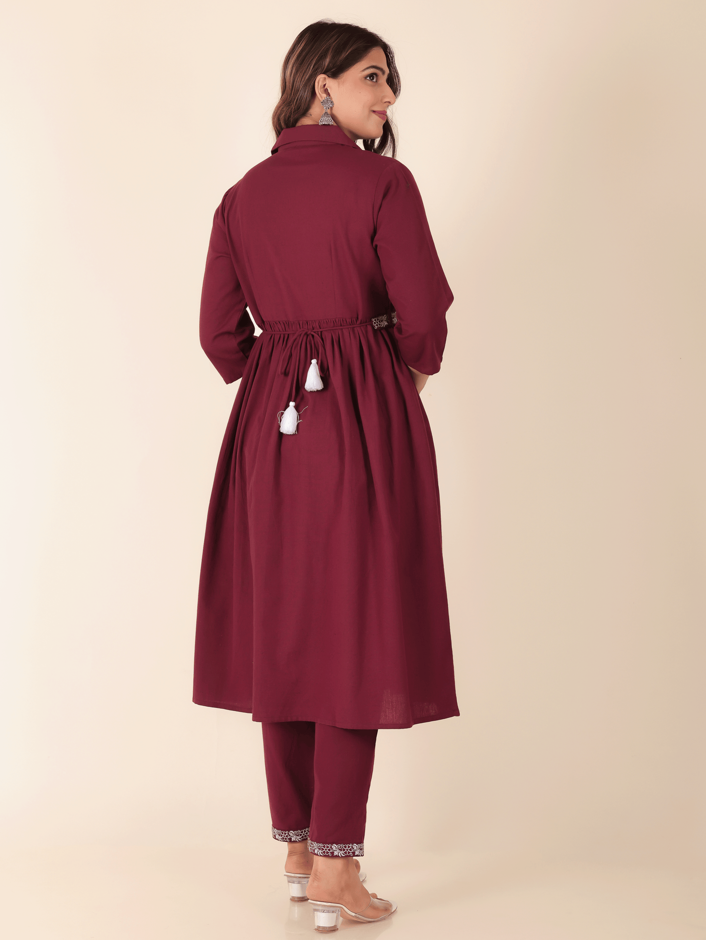 Linen Cotton Solid A-line Maroon Kurta