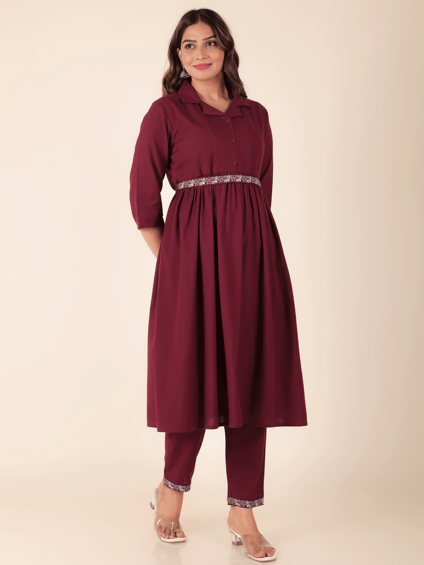 Linen Cotton Solid A-line Maroon Kurta