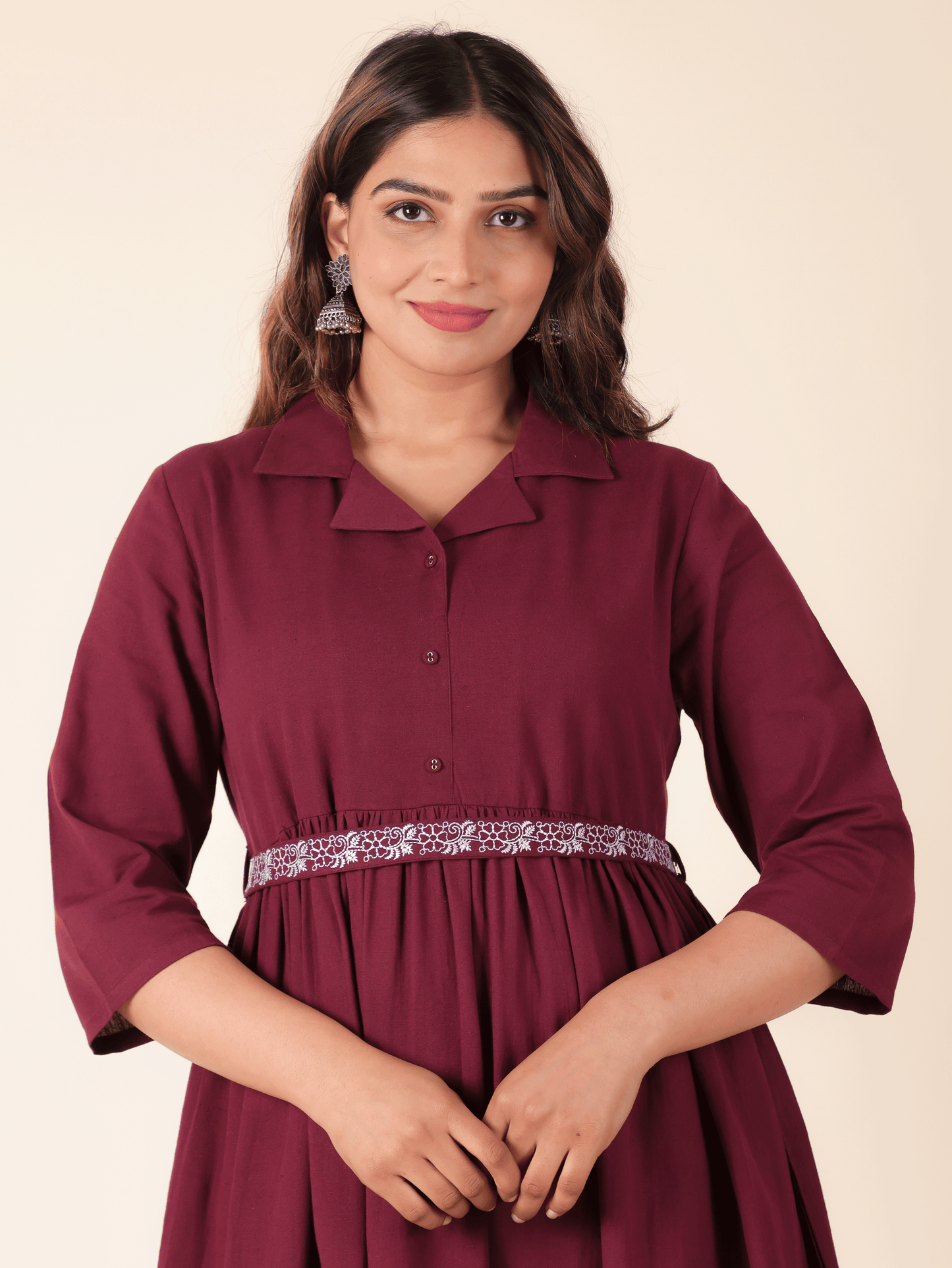 Linen Cotton Solid A-line Maroon Kurta