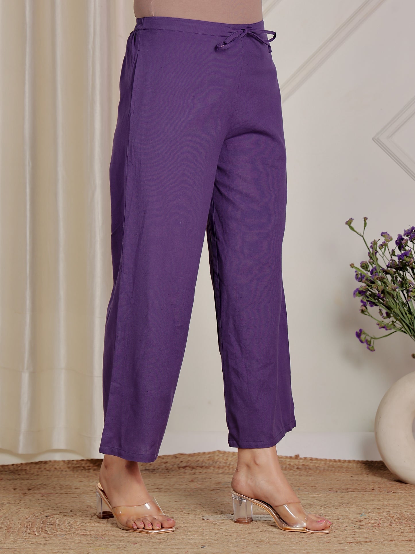 Embroidered Linen Cotton Solid Straight Purple Kurta