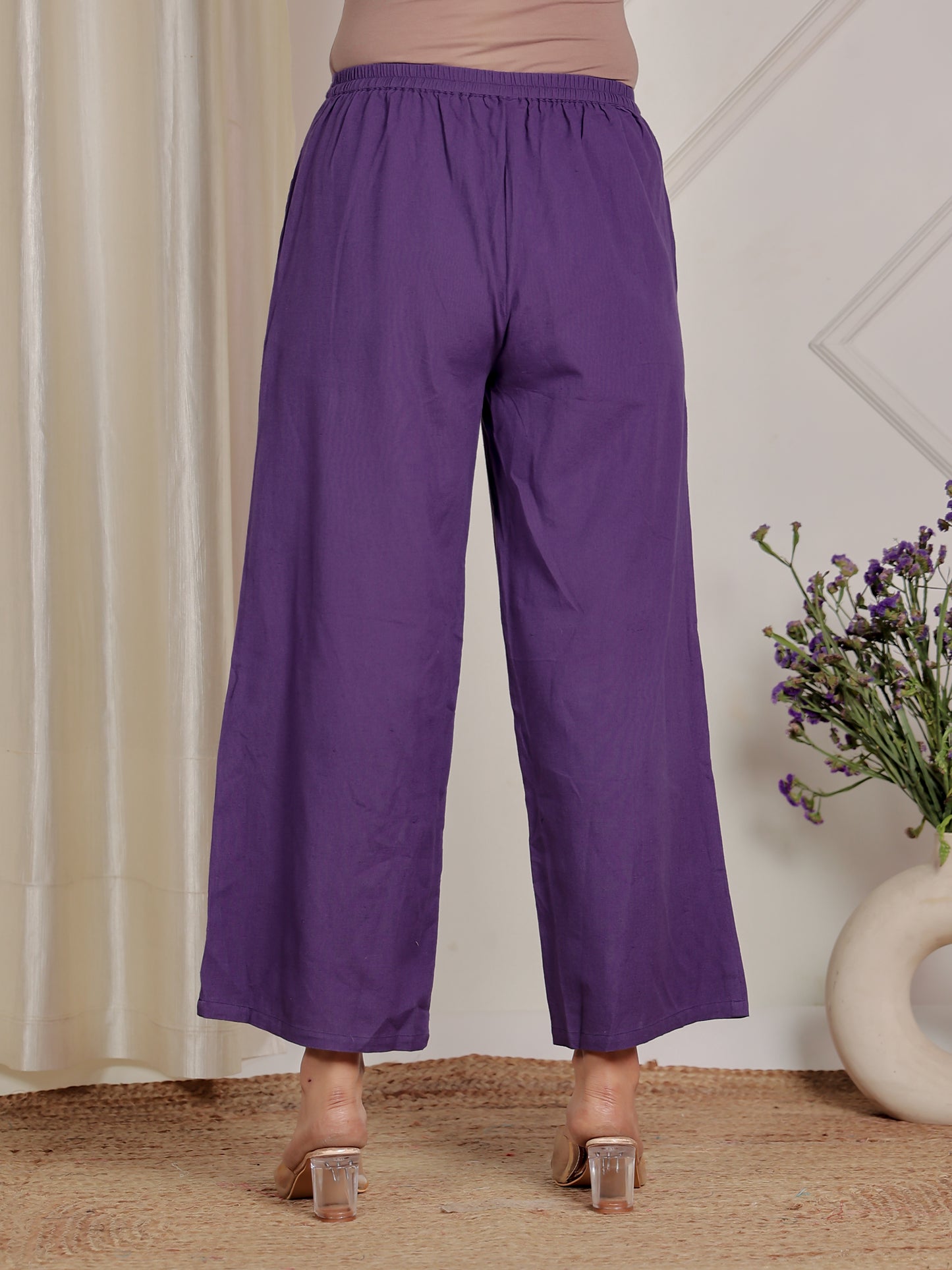 Embroidered Linen Cotton Solid Straight Purple Kurta