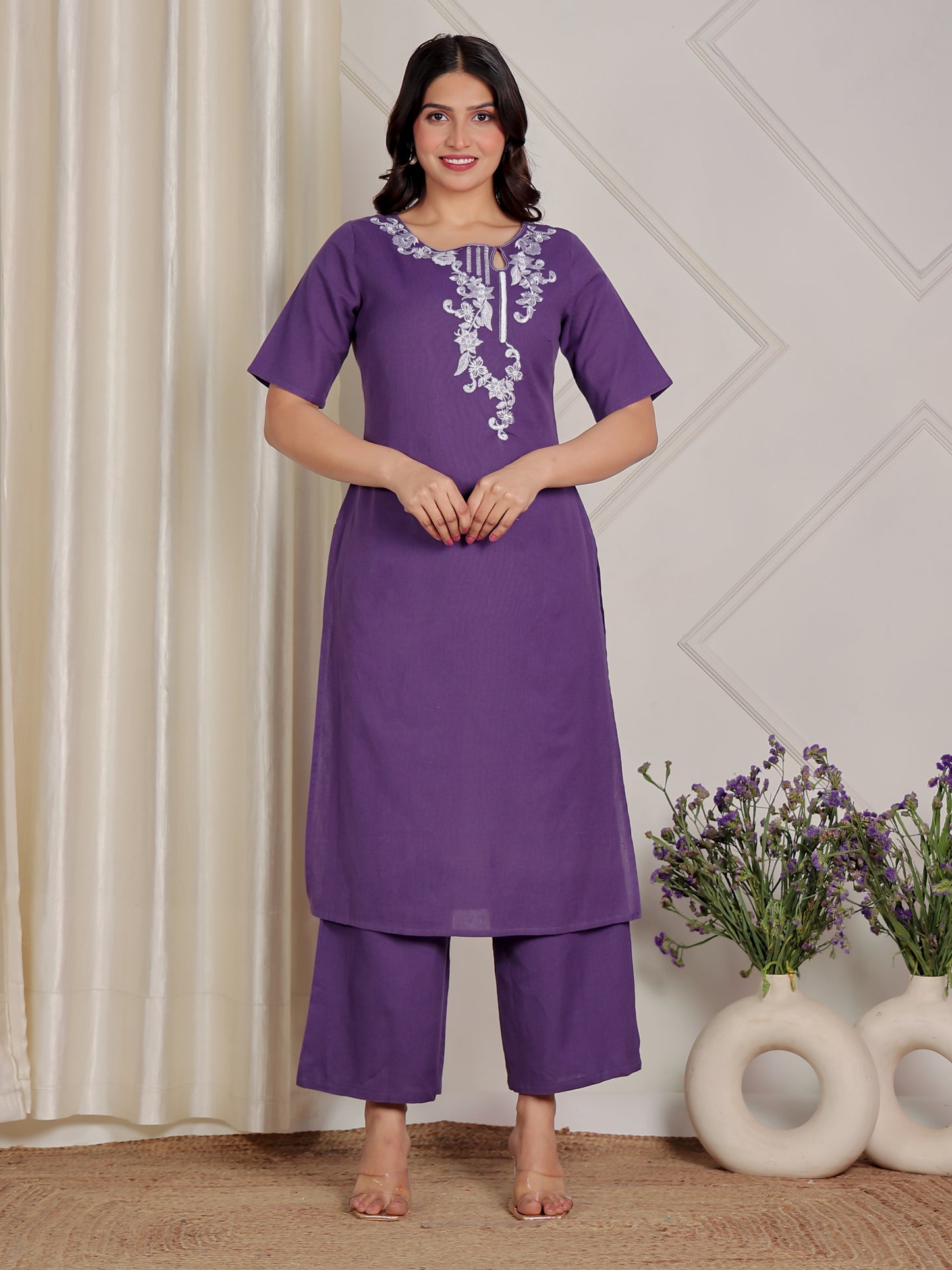Embroidered Linen Cotton Solid Straight Purple Kurta