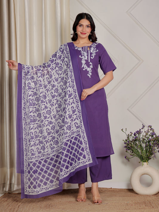Embroidered Linen Cotton Solid Straight Purple Kurta