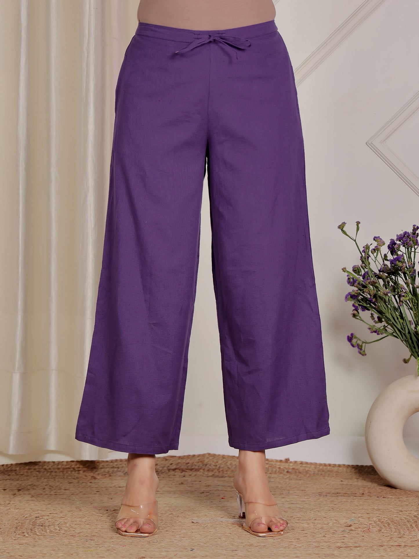 Embroidered Linen Cotton Solid Straight Purple Kurta