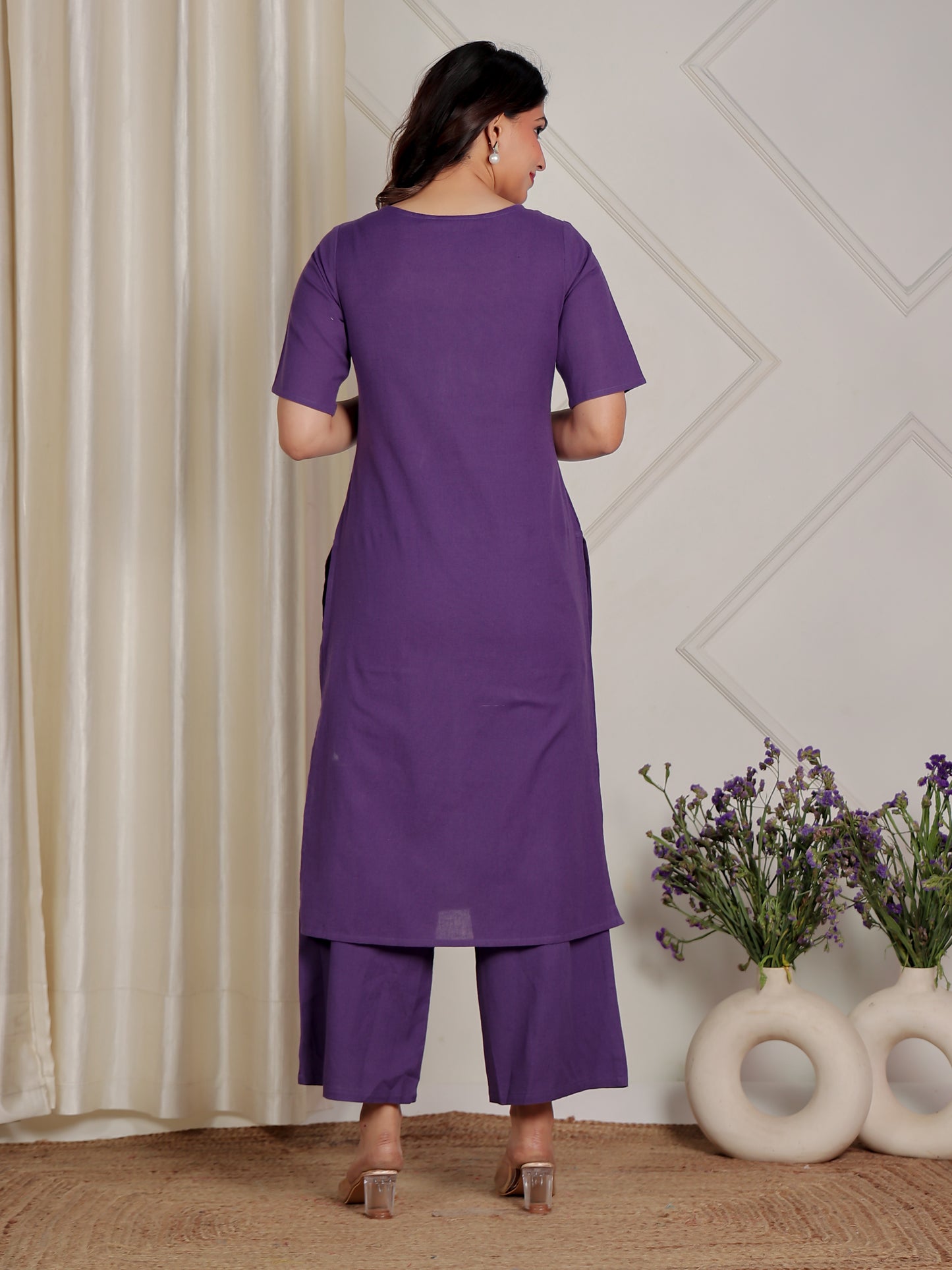 Embroidered Linen Cotton Solid Straight Purple Kurta