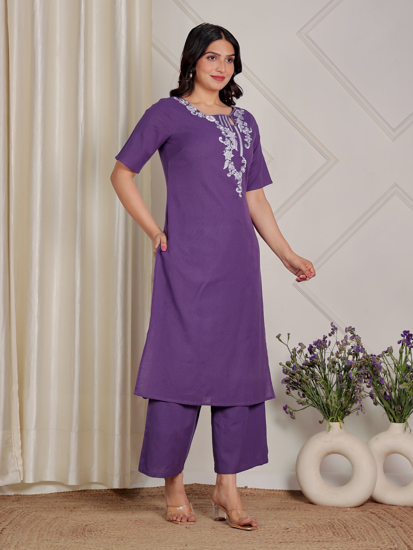 Embroidered Linen Cotton Solid Straight Purple Kurta