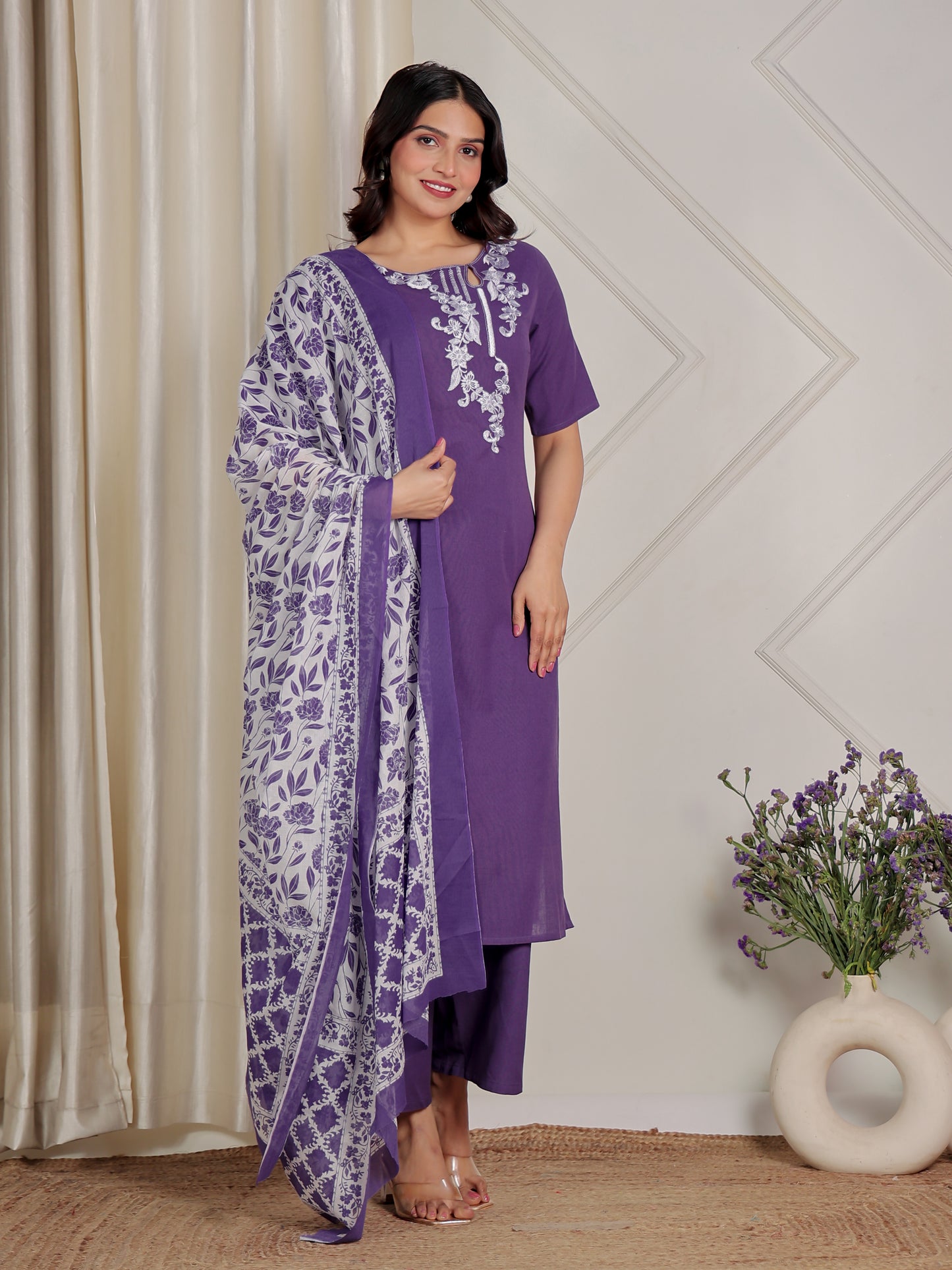 Embroidered Linen Cotton Solid Straight Purple Kurta
