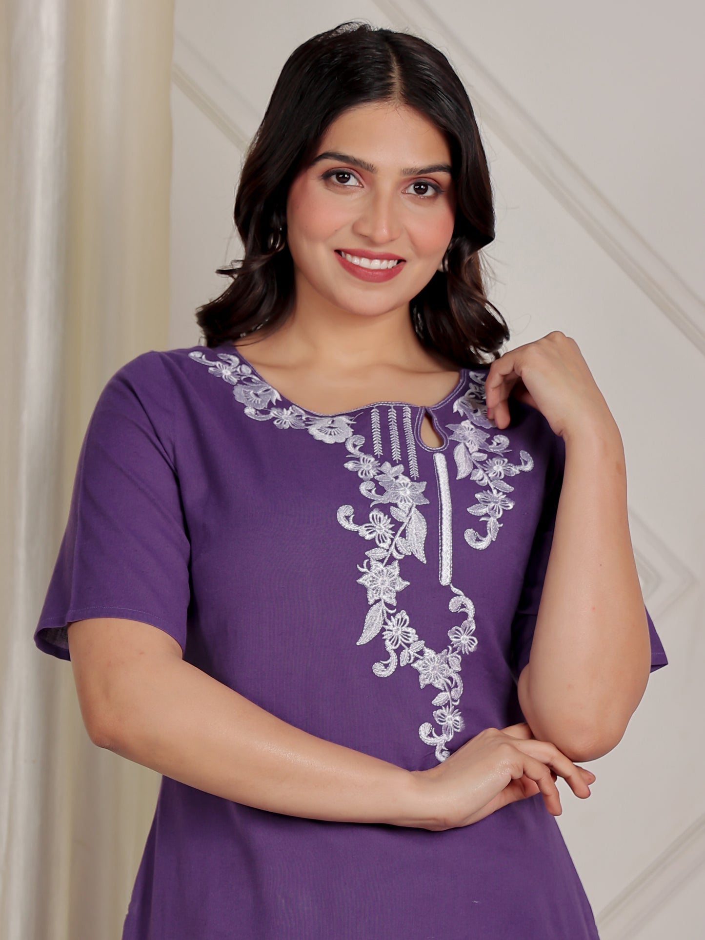 Embroidered Linen Cotton Solid Straight Purple Kurta