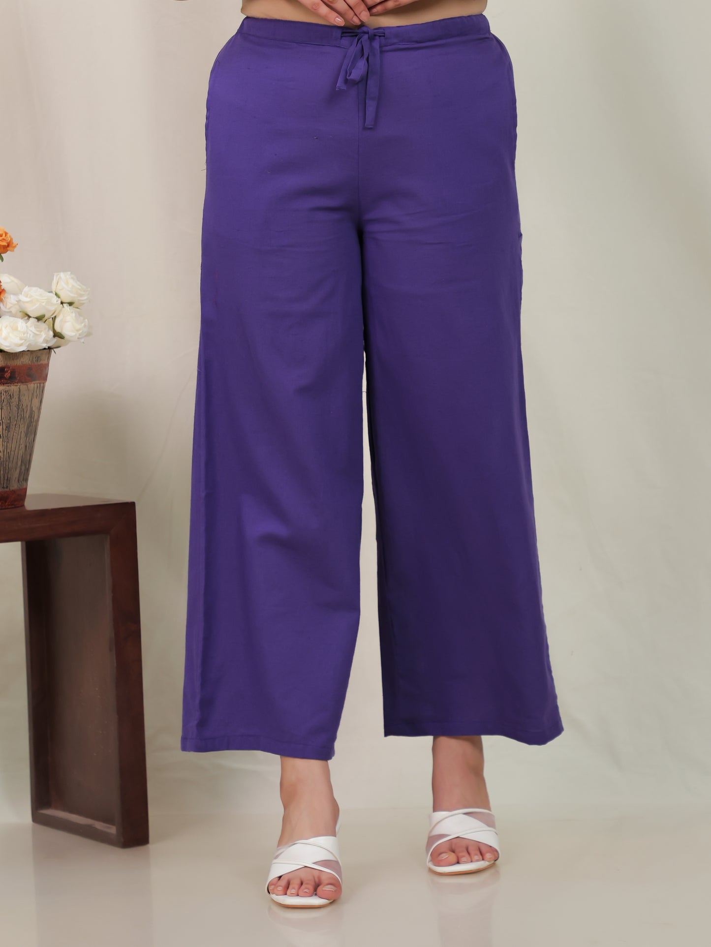 Viscose Solid Purple Tapered Trousers