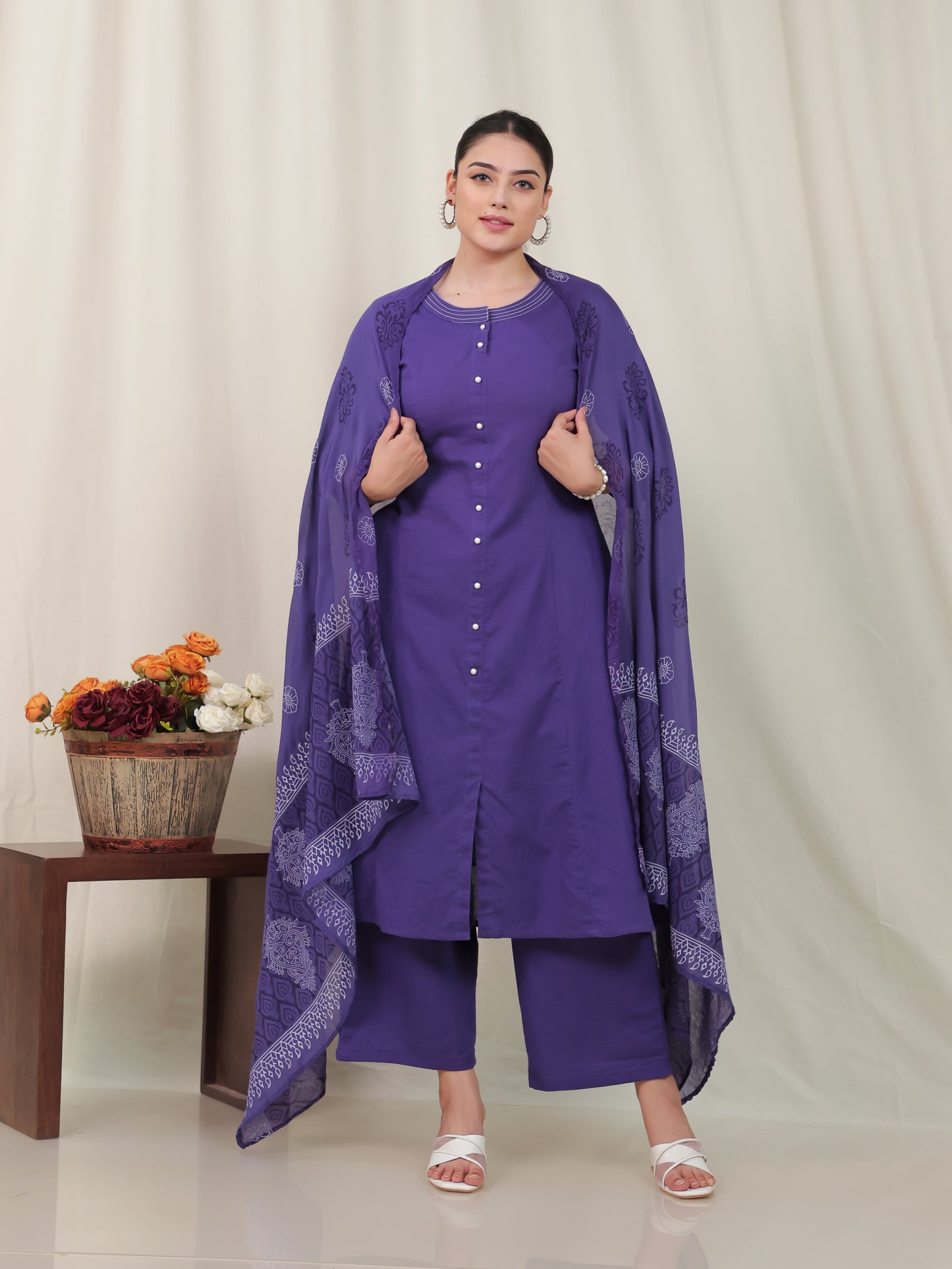 Cotton Voile Block Print Purple Dupatta