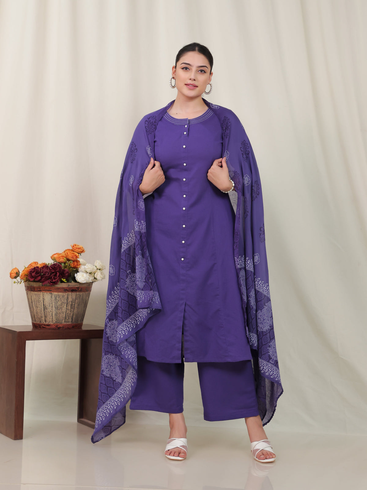 Cotton Voile Block Print Purple Dupatta