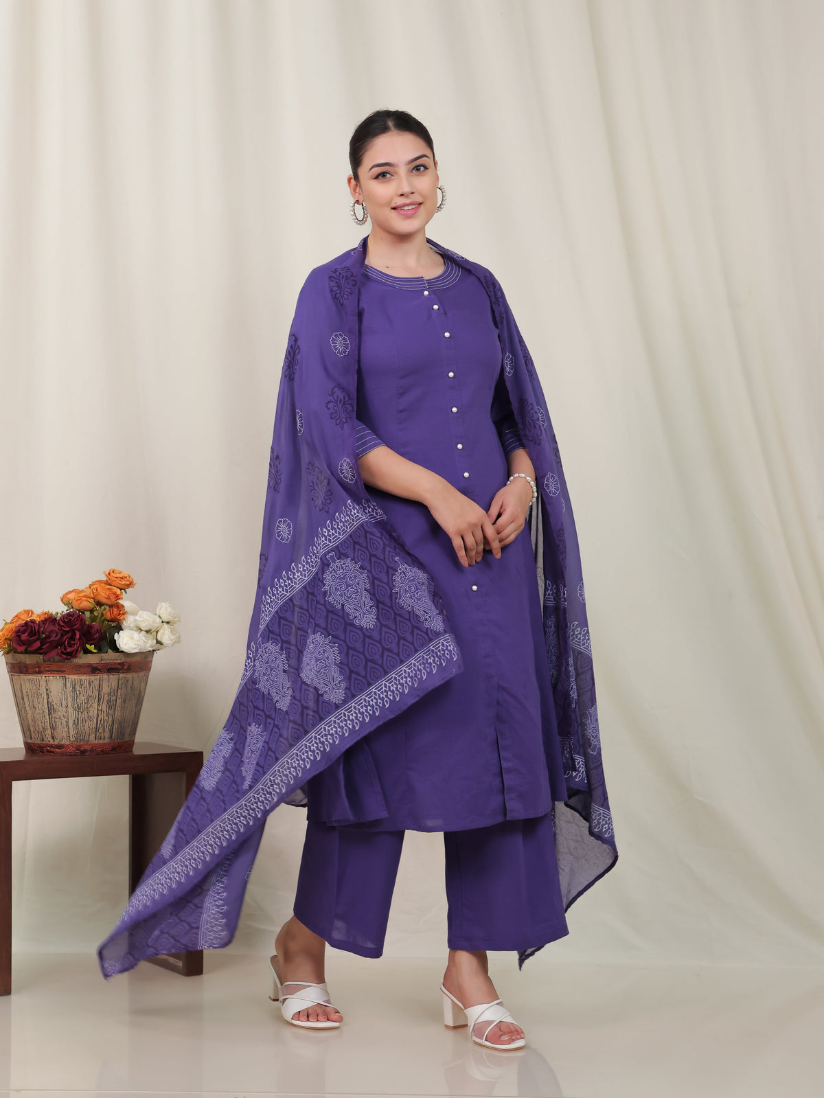 Cotton Voile Block Print Purple Dupatta