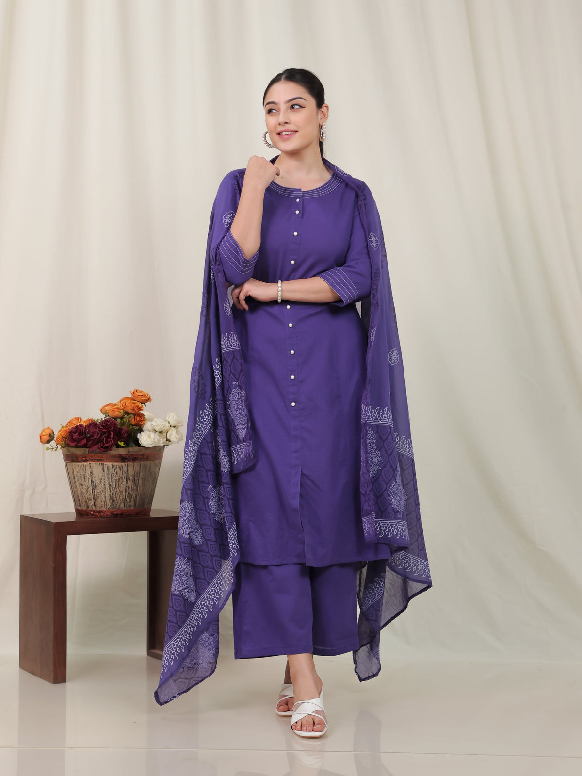 Cotton Voile Block Print Purple Dupatta