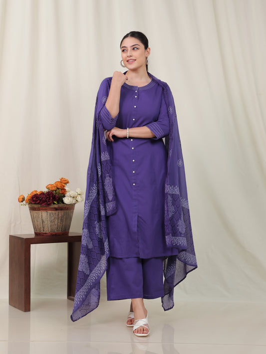 Cotton Voile Block Print Purple Dupatta