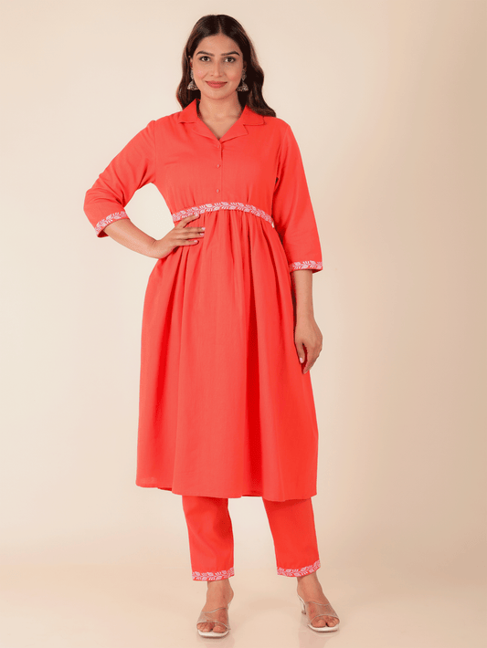 Linen Cotton Solid A-line Orange Kurta