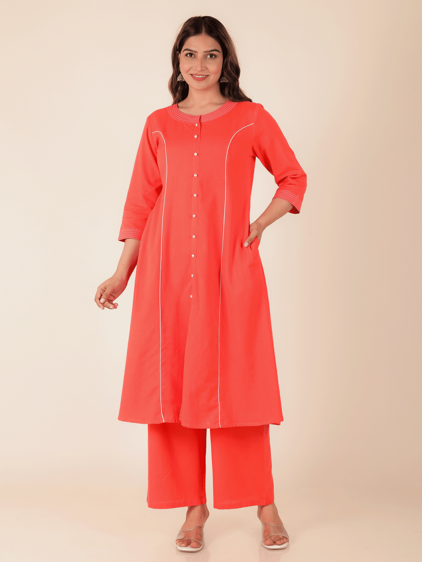 Linen Cotton Solid A-line Orange Kurta