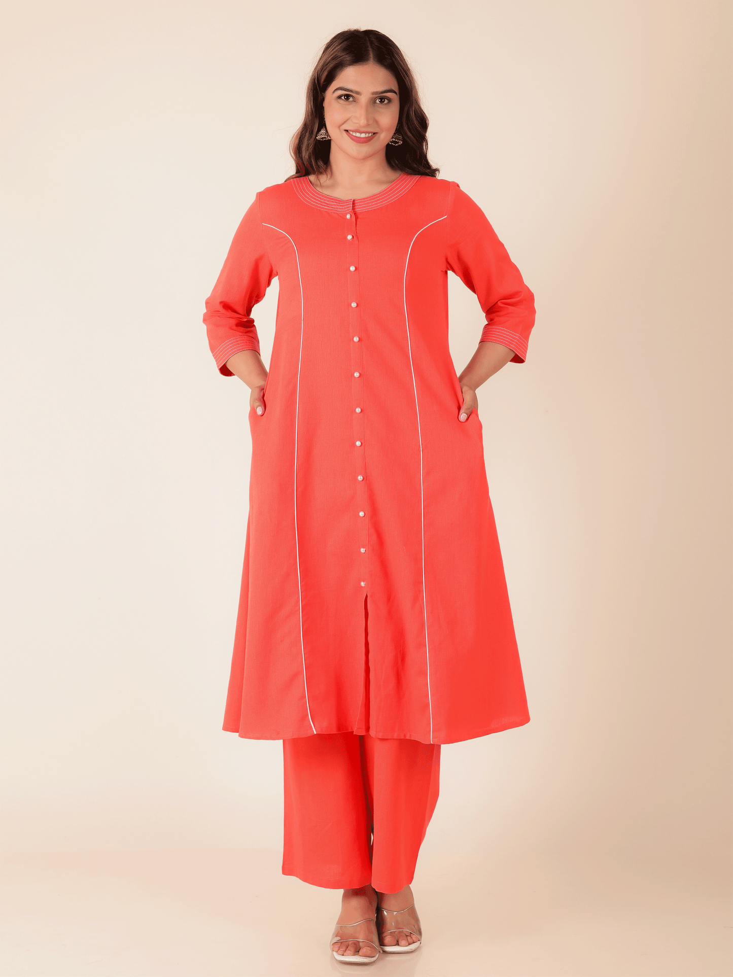 Linen Cotton Solid A-line Orange Kurta