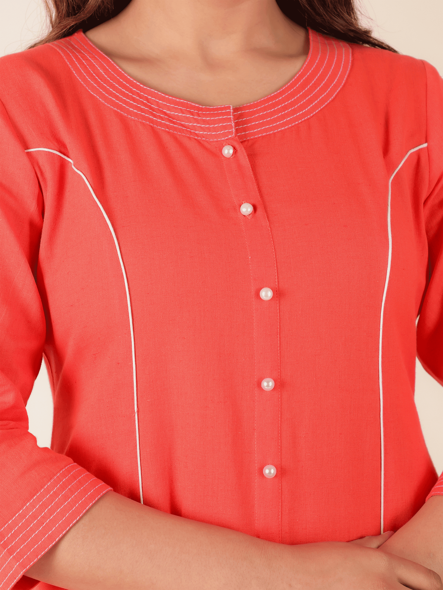 Linen Cotton Solid A-line Orange Kurta