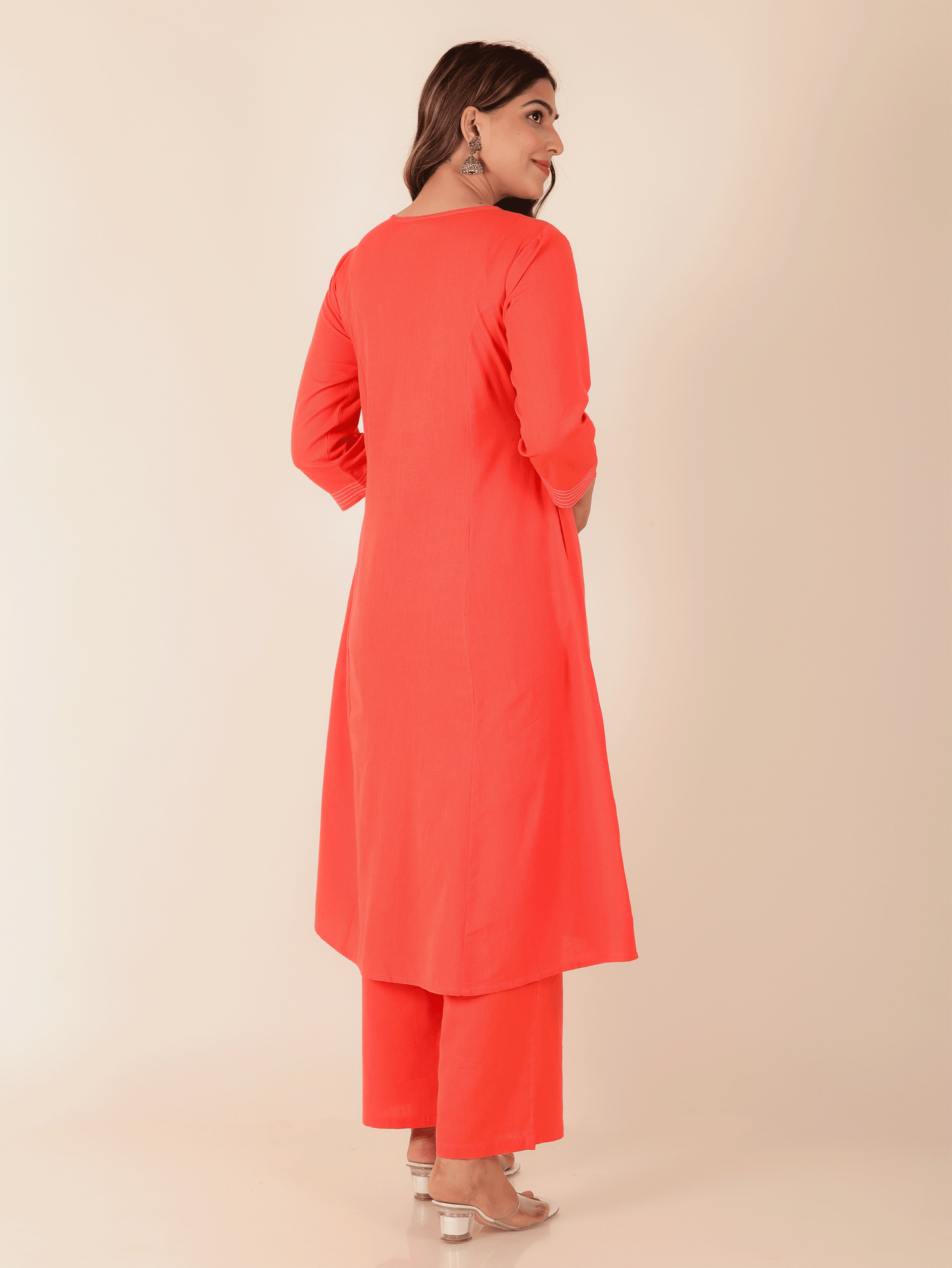 Linen Cotton Solid A-line Orange Kurta
