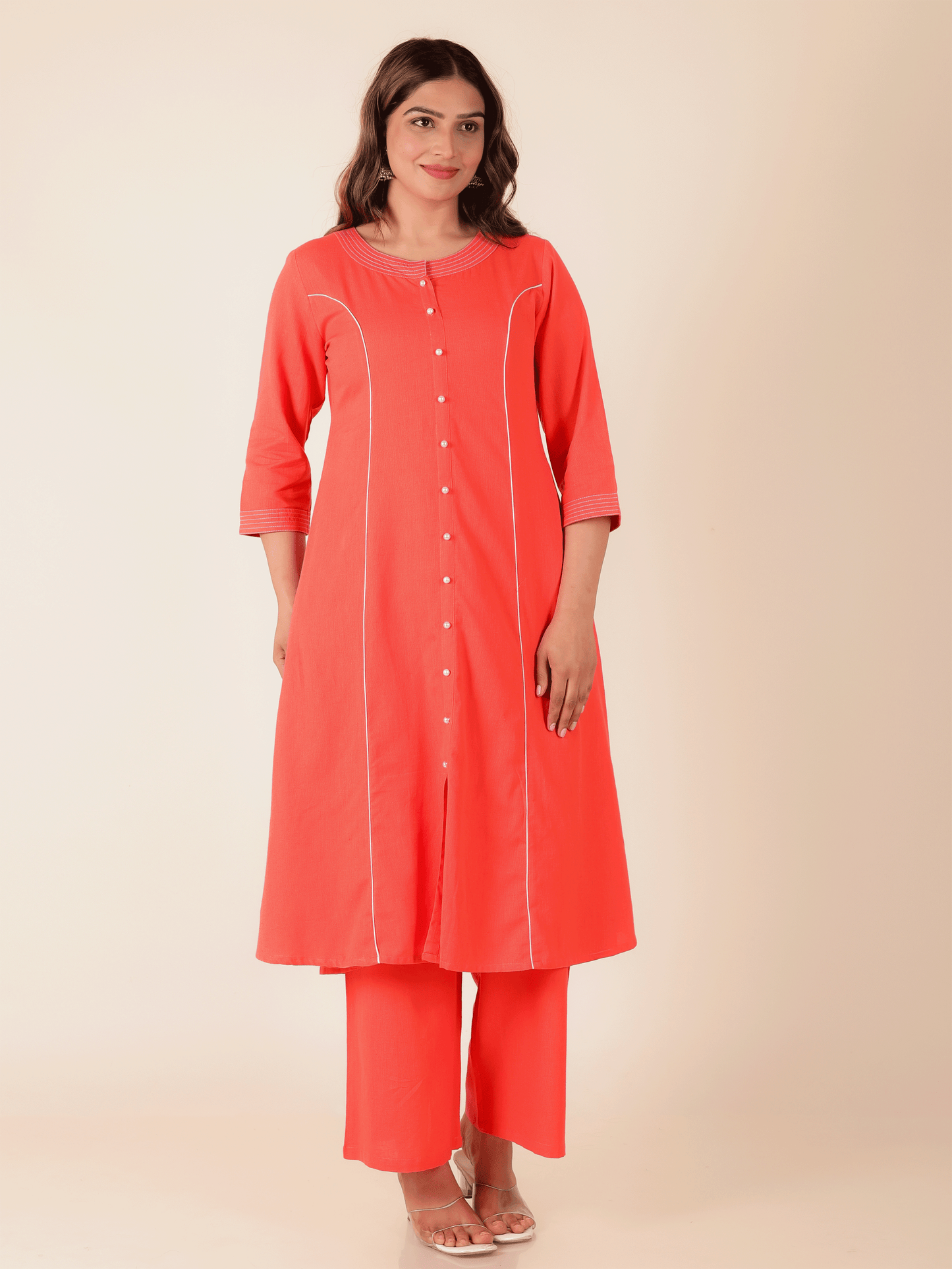Linen Cotton Solid A-line Orange Kurta